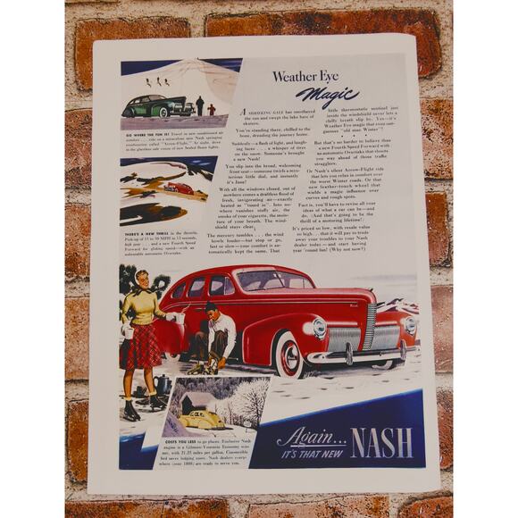 1940 Vintage Nash Red Car Print Ad with Couple Ice Skating on Pond 21.25mpg - Picture 10 of 10